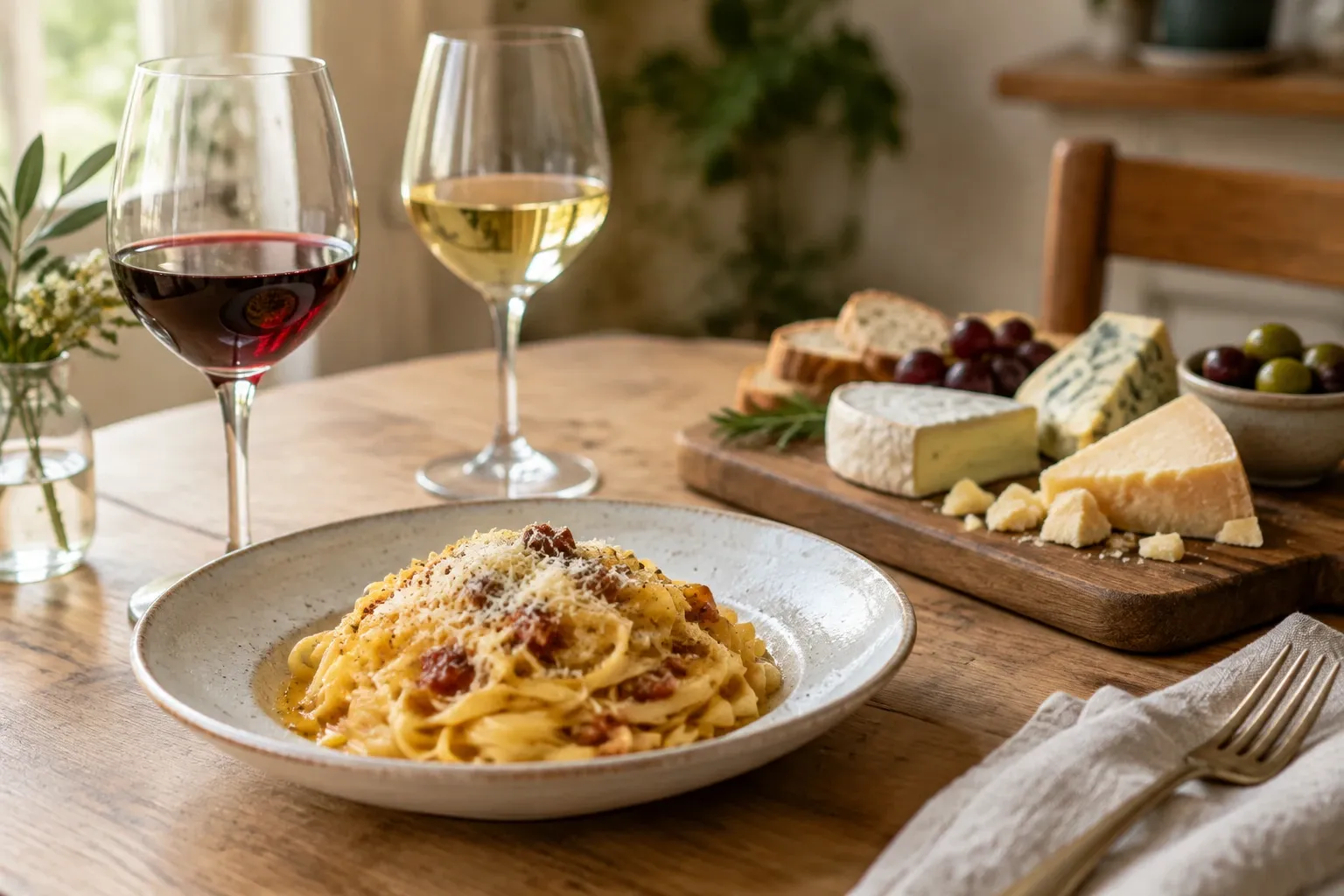 Pasta alla carbonara nel piatto con tagliere di formaggi e due calici di vino rosso e bianco