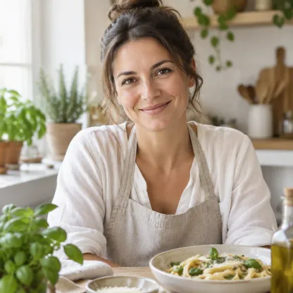 Ritratto di una donna sorridente con i capelli castani raccolti, in una cucina luminosa