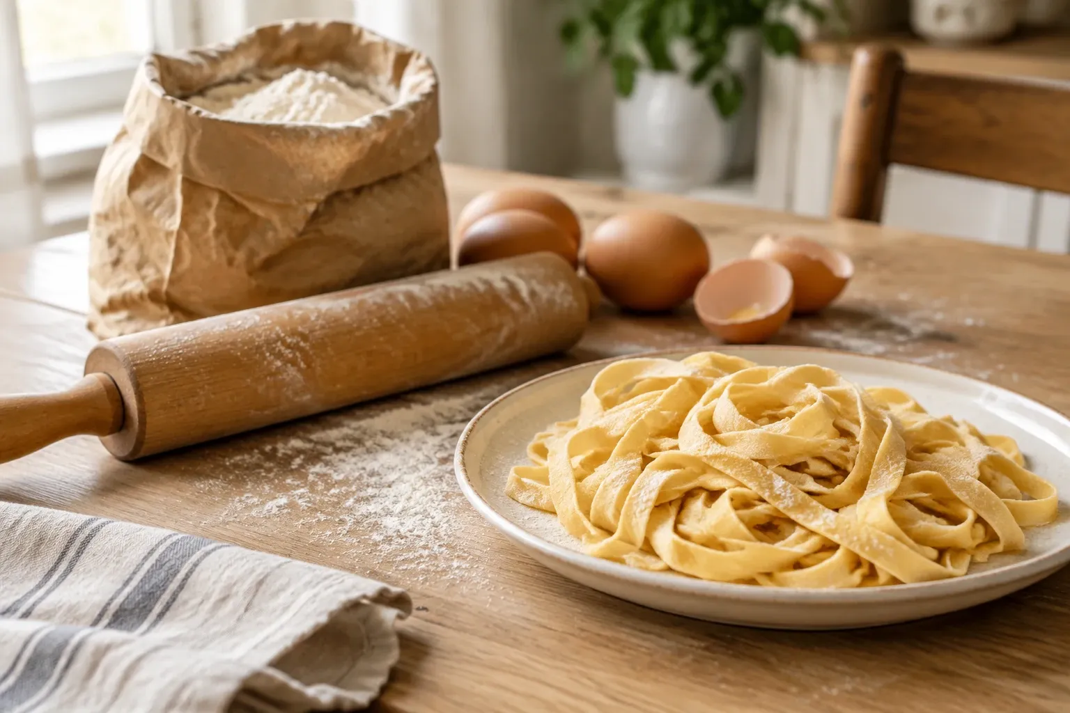 Piatto di tagliatelle fresche su tavolo con farina, uova e mattarello