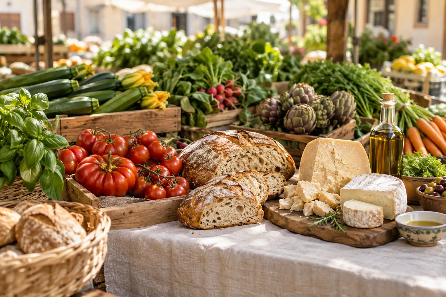 Pagnotte e formaggi artigianali su tavolo con pomodori, carciofi e olio d'oliva