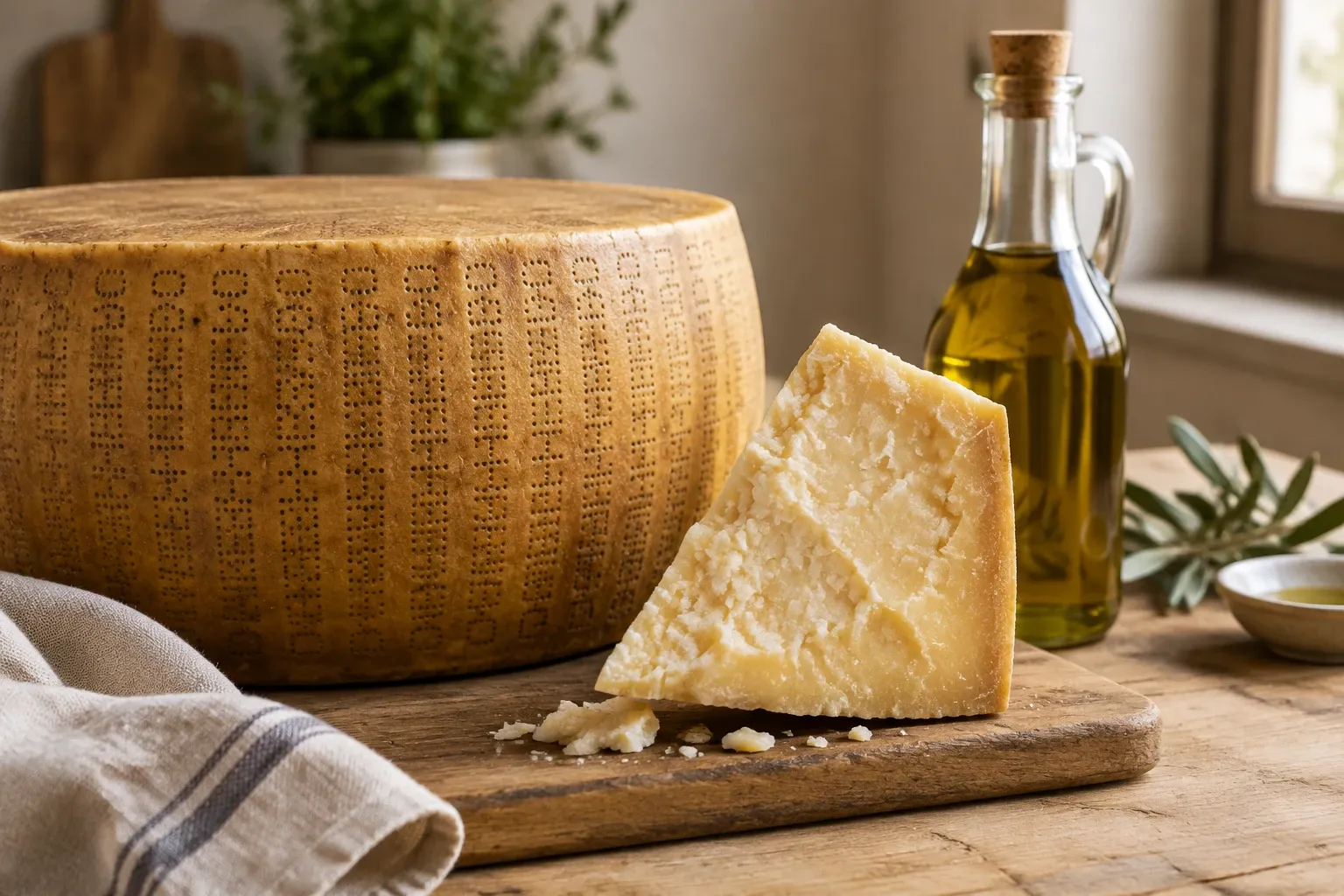 Pecorino o Parmigiano a forma di forma grande e spicchio su tagliere con olio