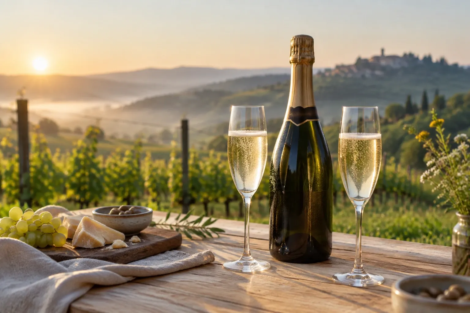 Bottiglia di Franciacorta e due flute su tavolo con vigneto al tramonto