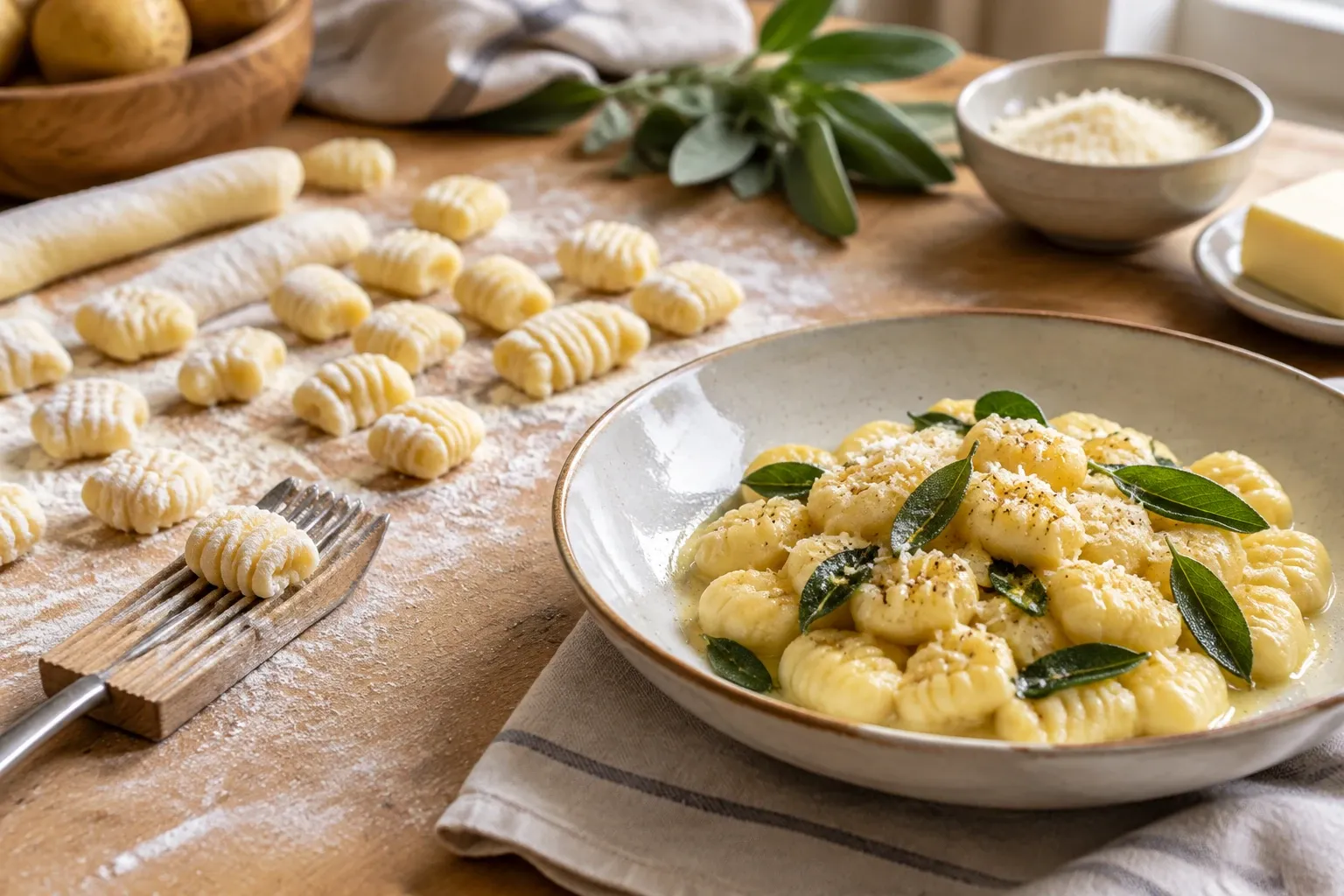 Piatto di gnocchi con burro e salvia su tavolo, gnocchi crudi e forchetta nearby