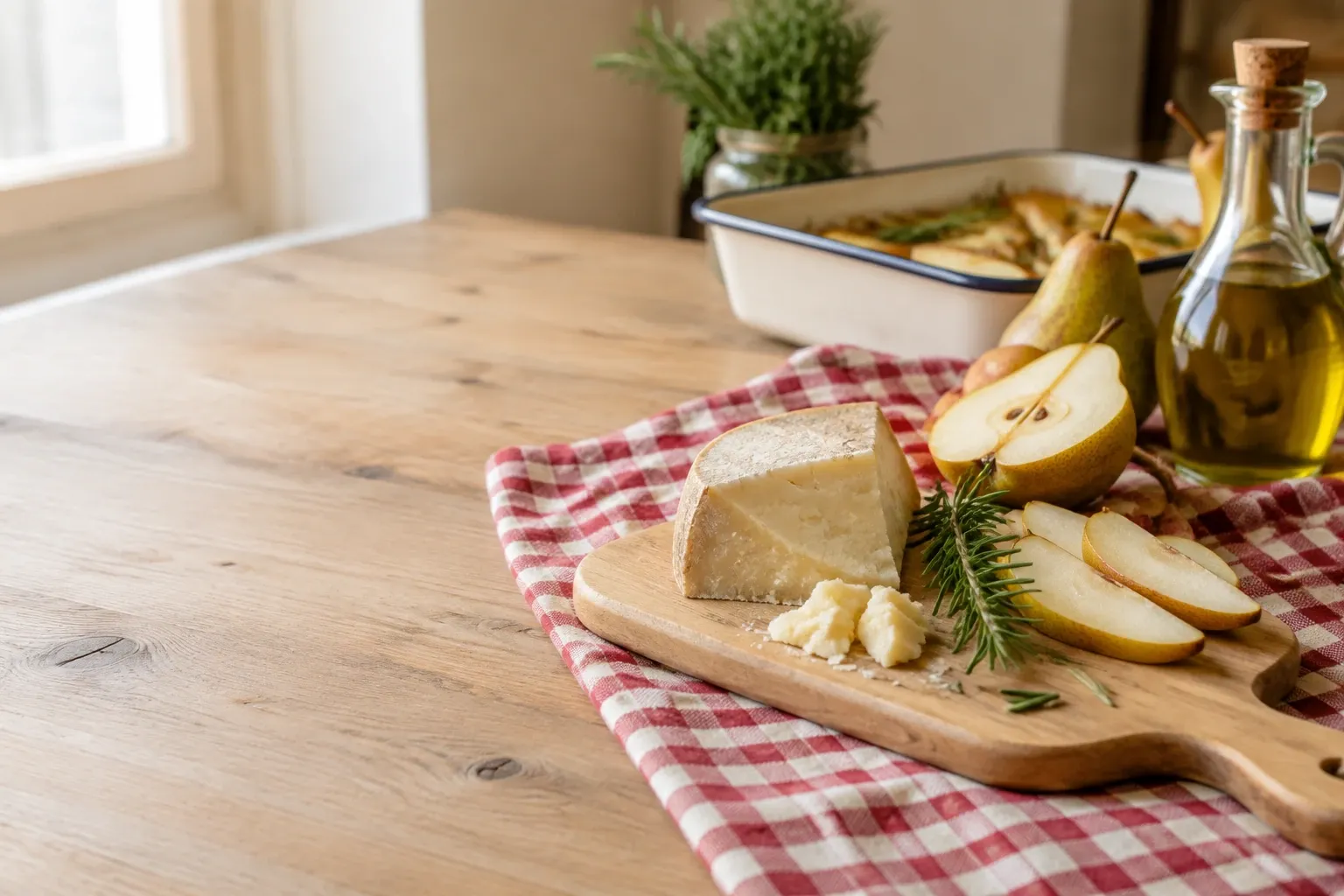 Pecorino su tagliere, pere affettate e rametto di rosmarino su tovaglia a quadri